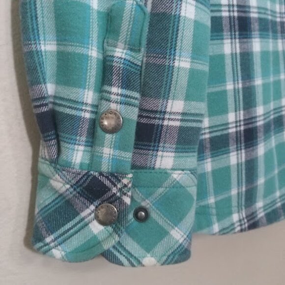 ORVIS | Womens Blue Teal Fleece Lined Plaid Flannel Shacket Snap Button Western - Picture 9 of 13